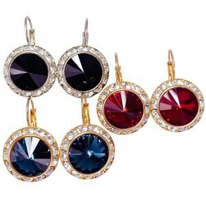 Vintage Lot of 3 Earrings Pairs Rivoli Rhinestone Leverback Mid Century Sparkly